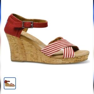 TOMS UNIVERSITY STRIPE CORK WEDGE SANDALS SZ 10